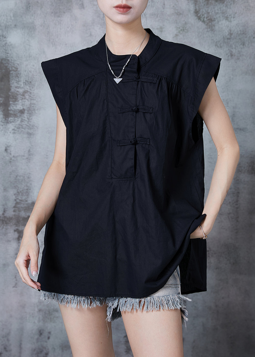 Stylish Black Chinese Button Cotton Tops Sleeveless