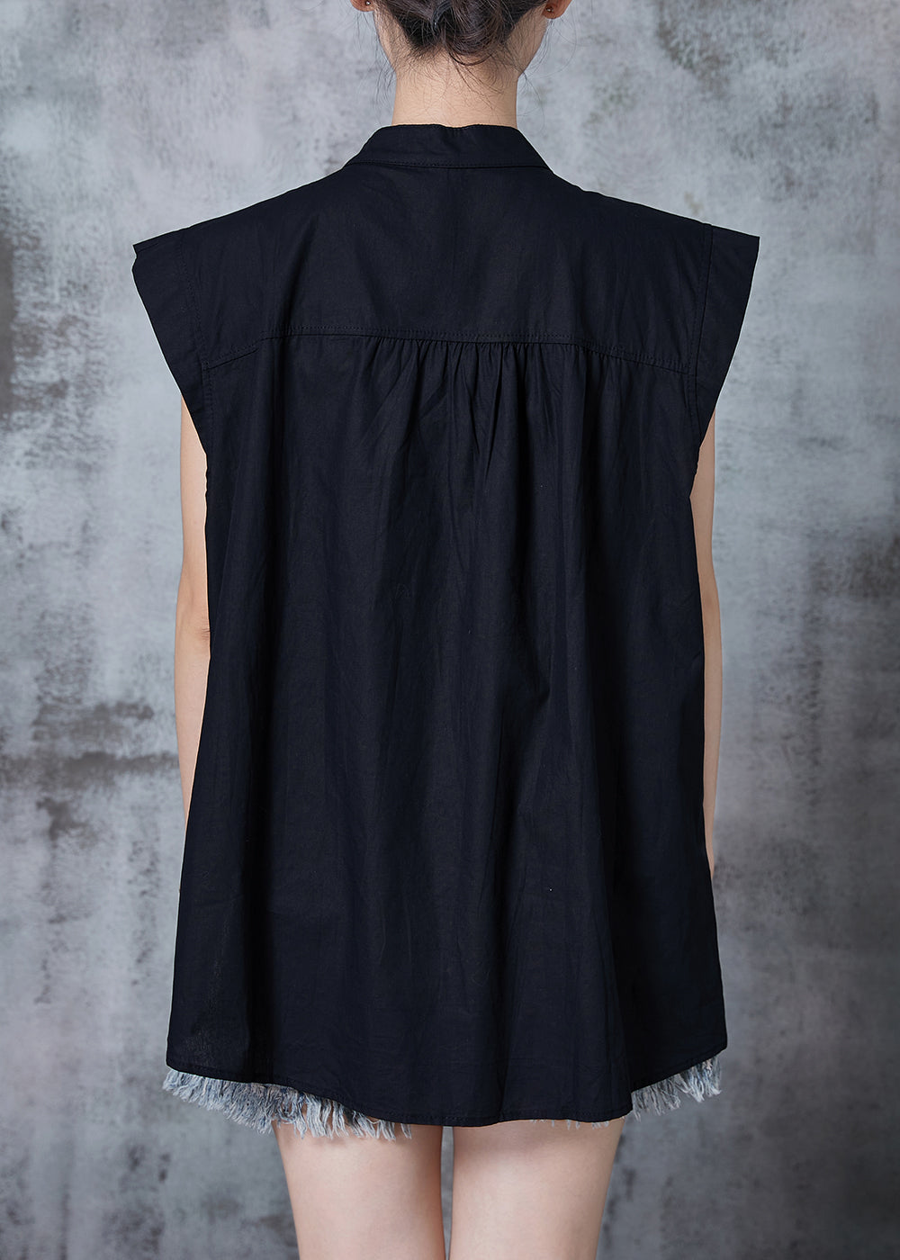 Stylish Black Chinese Button Cotton Tops Sleeveless