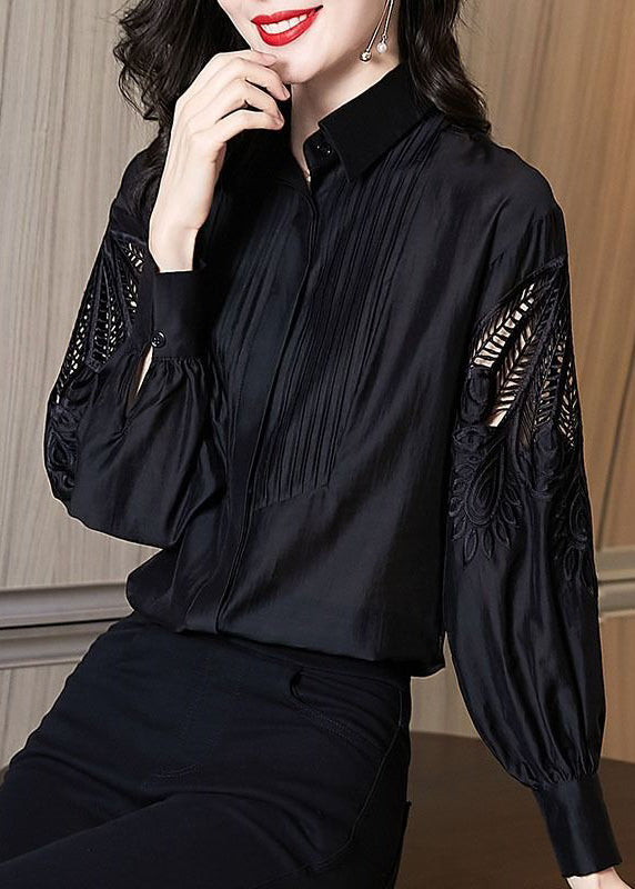 Stylish Black Embroidered Hollow Out Shirt Puff Sleeve