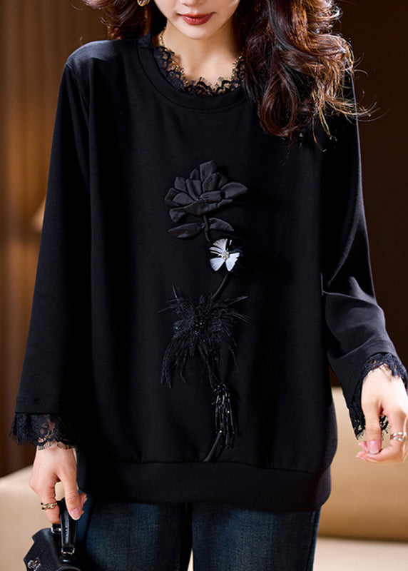 Stylish Black Embroidered Lace Patchwork Sweatshirt Spring