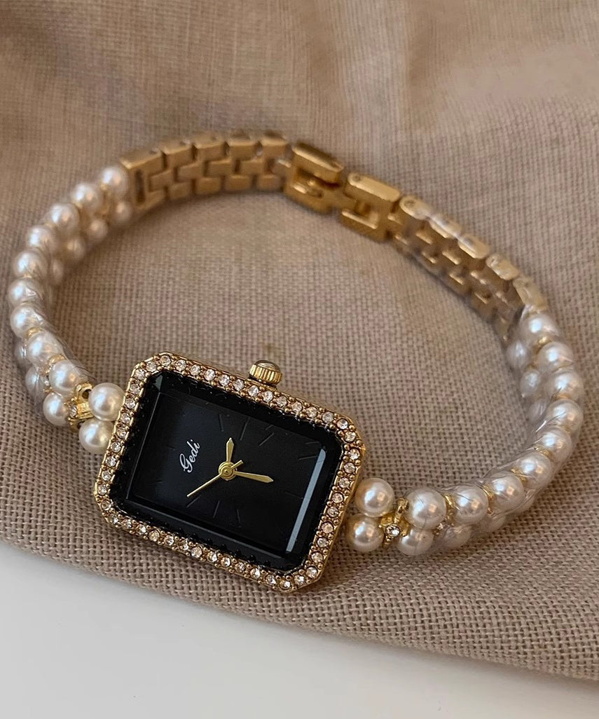 Stylish Black Metal Square Chain Pearl Watch