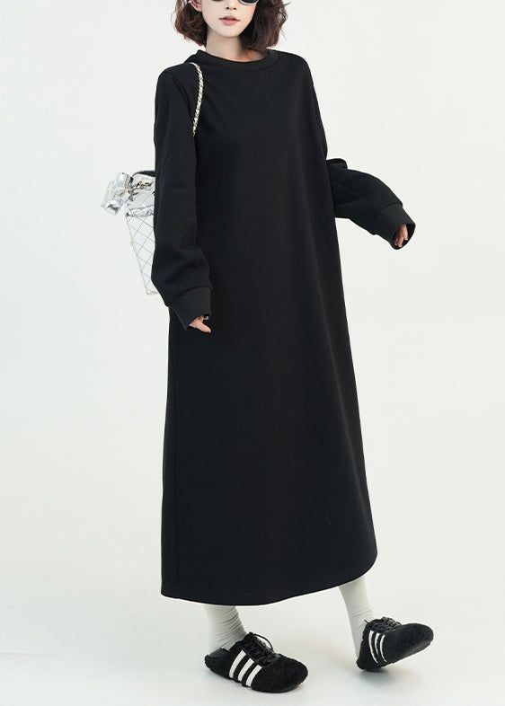 Stylish Black O Neck Cotton Long Dress Fall