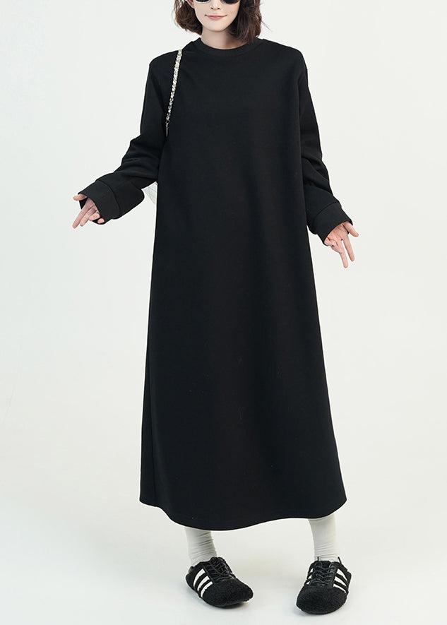 Stylish Black O Neck Cotton Long Dress Fall