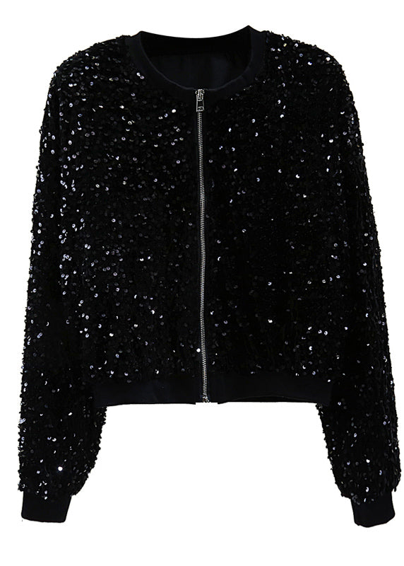 Stylish Black O-Neck Patchwork Sequins Silk Velvet Coat Spring