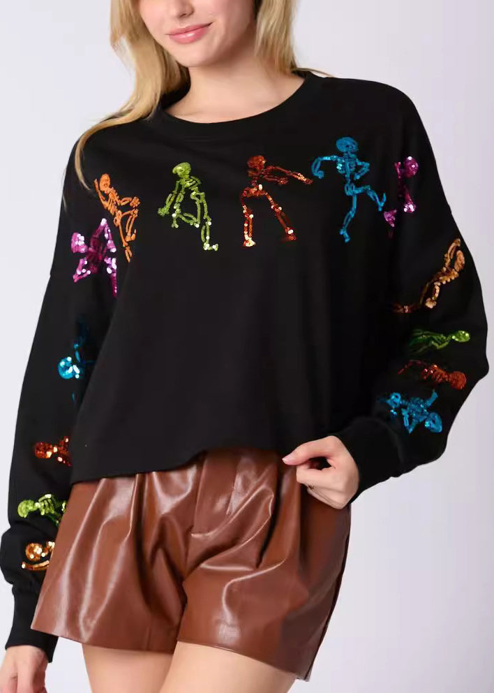 Stylish Black O Neck Sequins Cotton Sweatshirt Fall