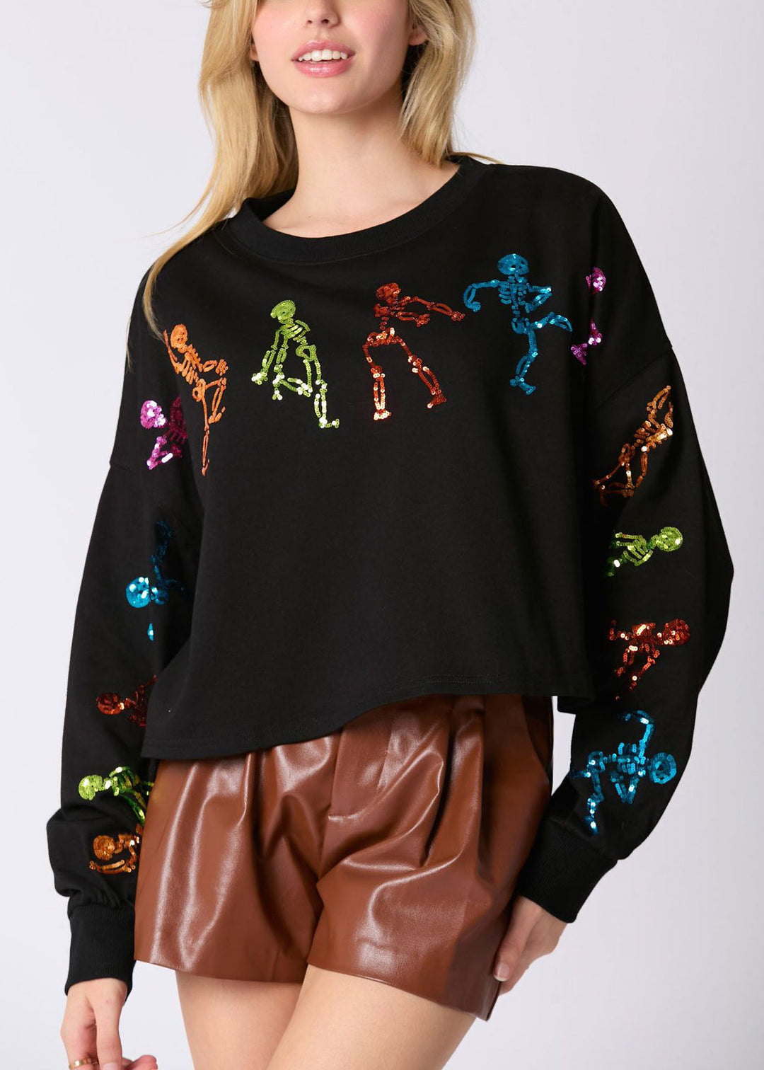 Stylish Black O Neck Sequins Cotton Sweatshirt Fall