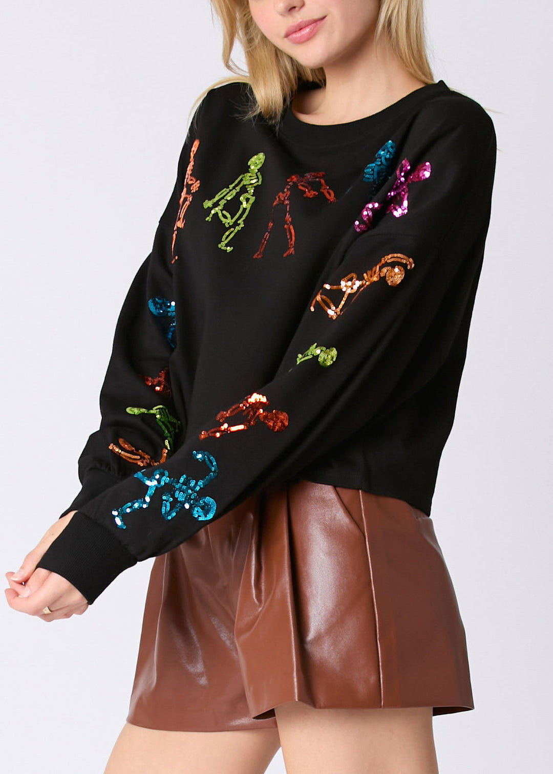 Stylish Black O Neck Sequins Cotton Sweatshirt Fall