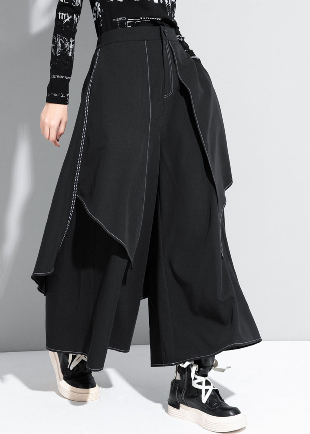 Stylish Black Patchwork High Waist Draping Wide Leg Pants Spring