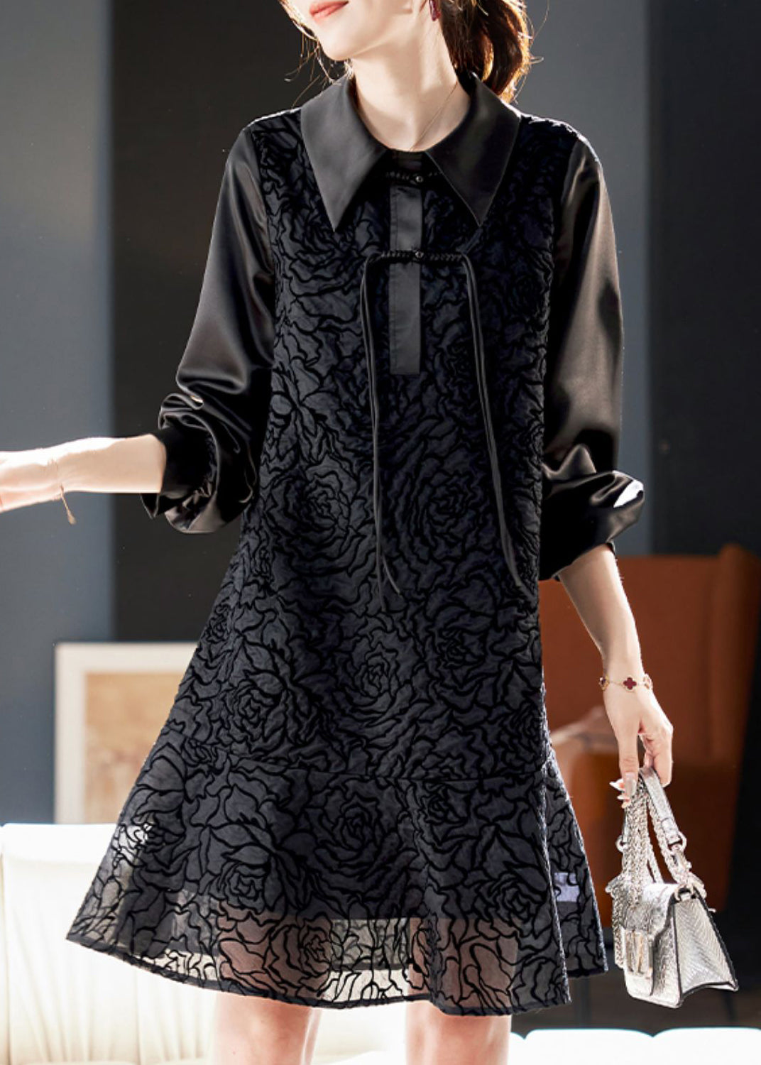 Stylish Black Peter Pan Collar Button Shirts Dress Spring