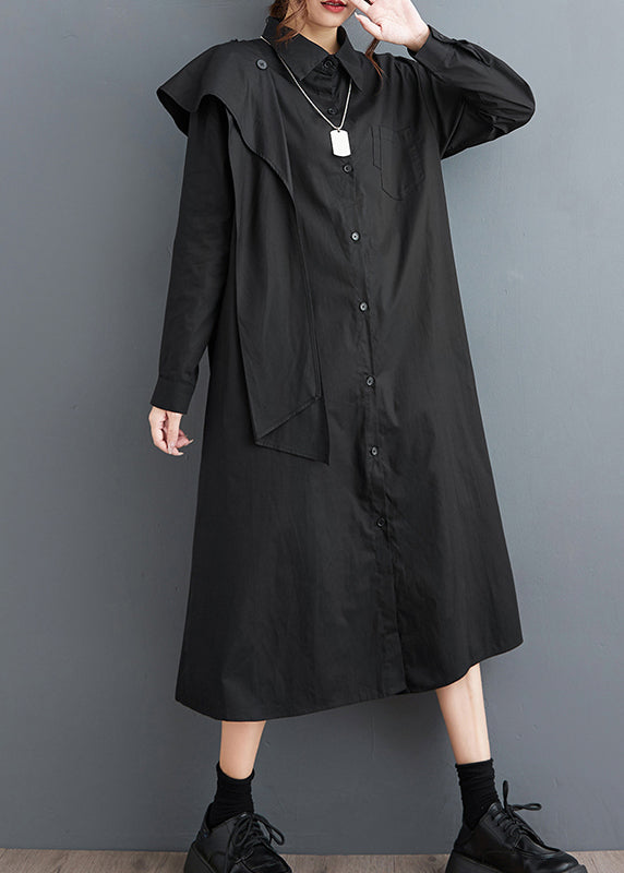 Stylish Black Peter Pan Collar Patchwork Cotton Shirts Dress Fall