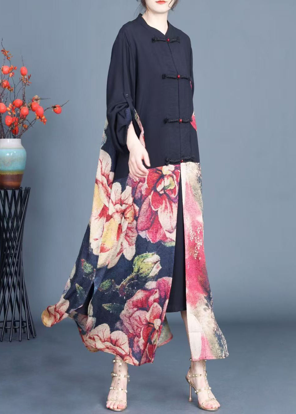 Stylish Black Print Button Patchwork Silk Thin Coats Fall