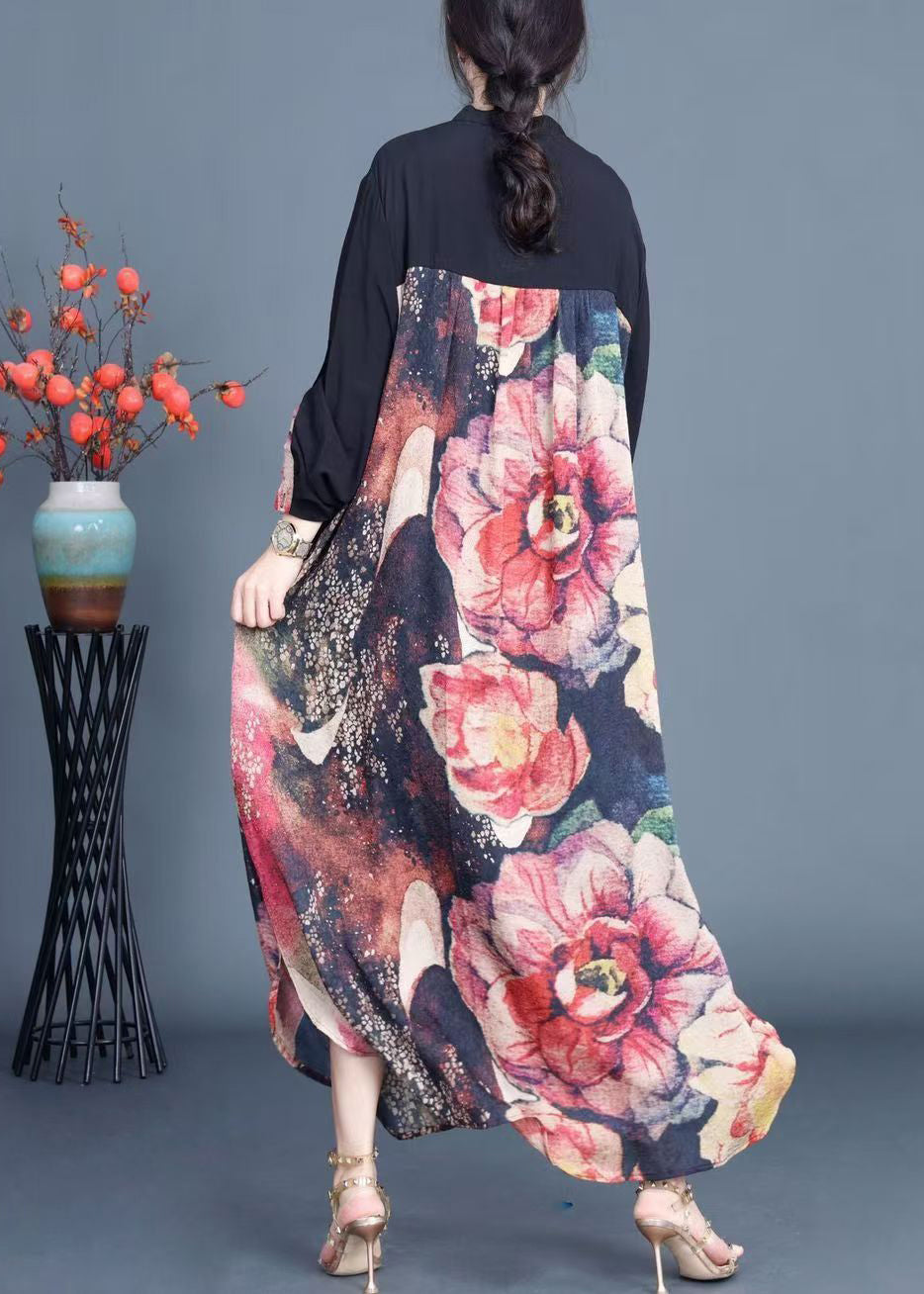 Stylish Black Print Button Patchwork Silk Thin Coats Fall