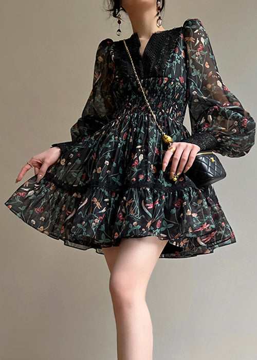 Stylish Black Print Lace Patchwork Mid Dress Lantern Sleeve