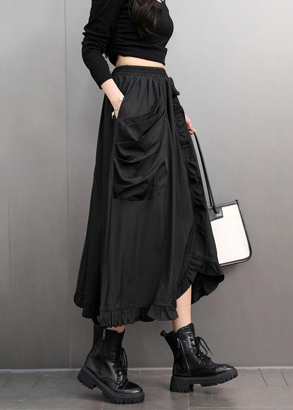 Stylish Black Ruffled Patchwork Pockets Elastic Waist A Line Skirts Spring