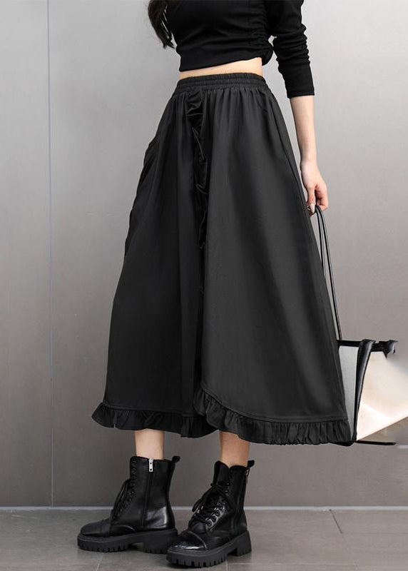 Stylish Black Ruffled Patchwork Pockets Elastic Waist A Line Skirts Spring