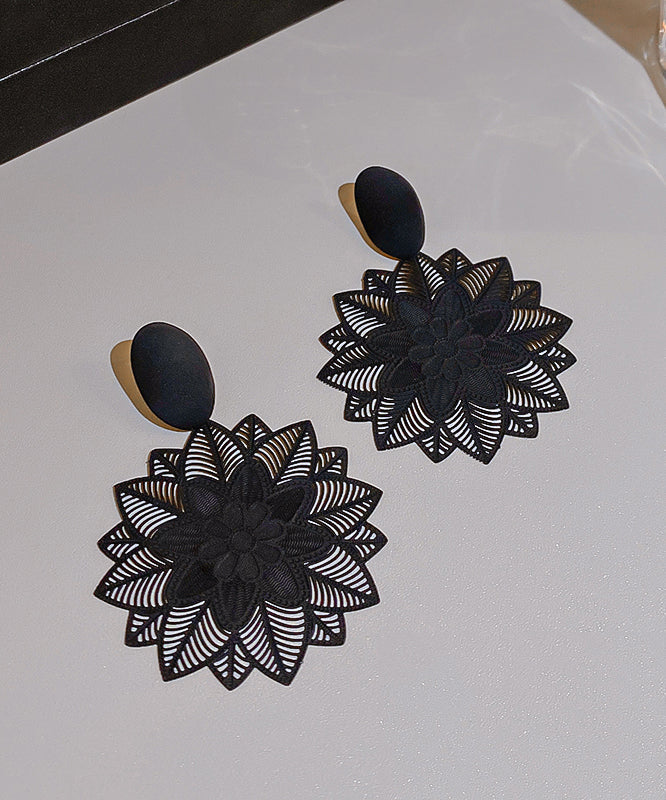 Stylish Black Sterling Silver Alloy Hollow Out Floral Drop Earrings