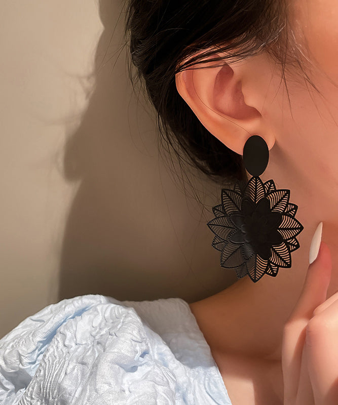 Stylish Black Sterling Silver Alloy Hollow Out Floral Drop Earrings