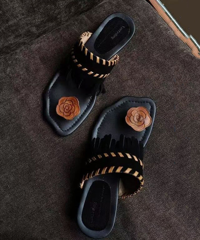 Stylish Black Tasseled Splicing Flip Flops Slide Sandals