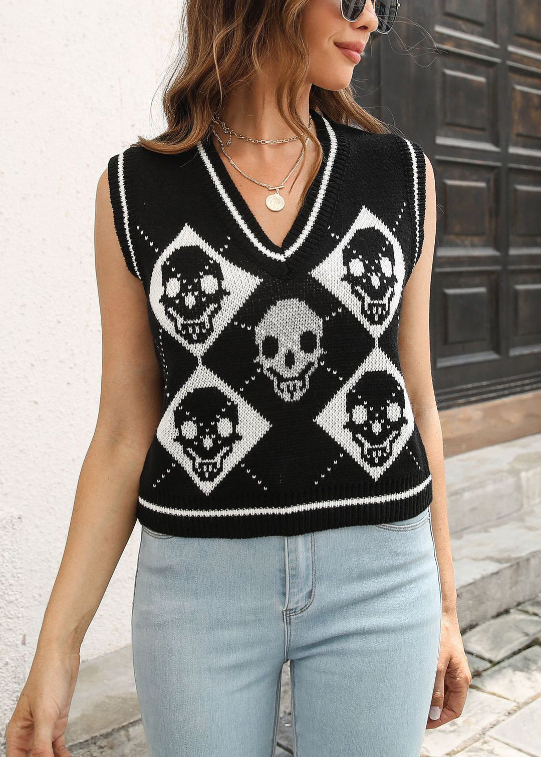 Stylish Black V Neck Hollow Out Knit Vest Sleeveless