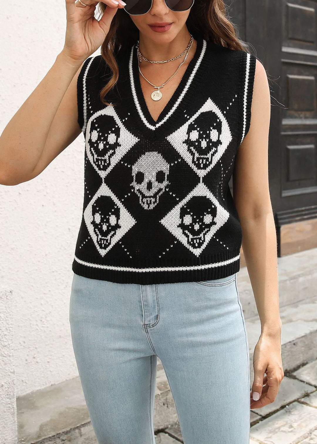 Stylish Black V Neck Hollow Out Knit Vest Sleeveless