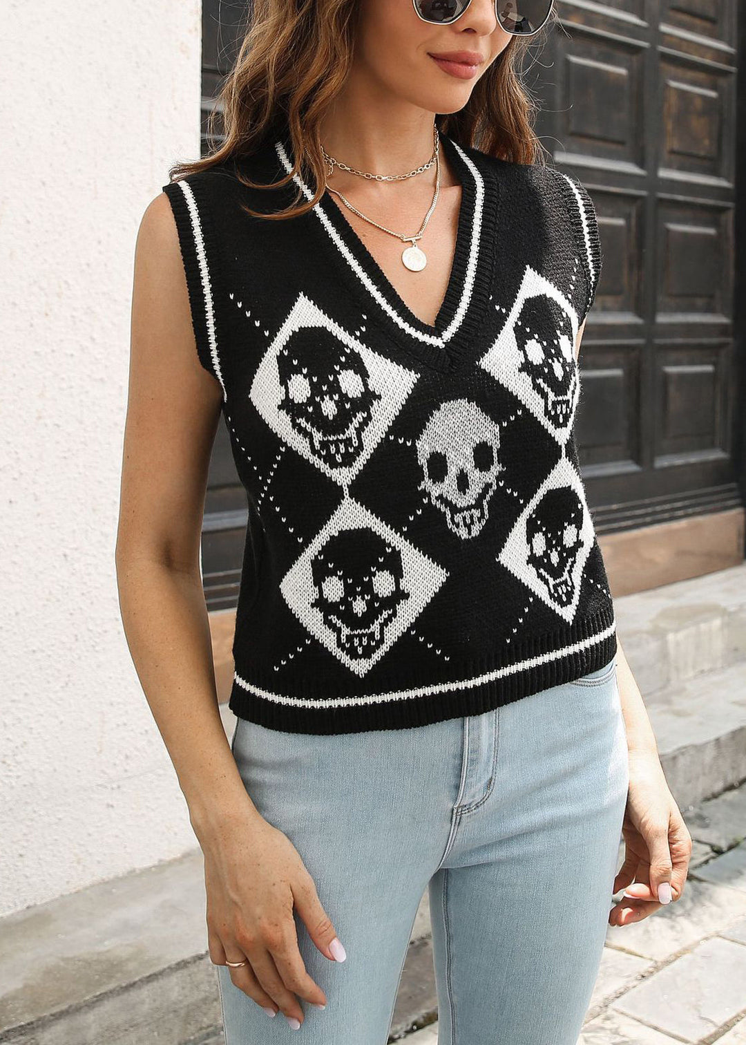 Stylish Black V Neck Hollow Out Knit Vest Sleeveless