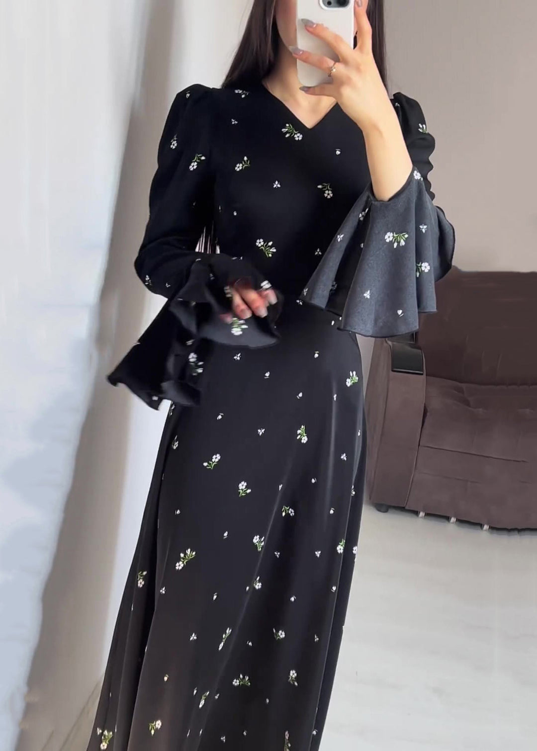 Stylish Black V Neck Print Cotton Maxi Dresses Butterfly Sleeve