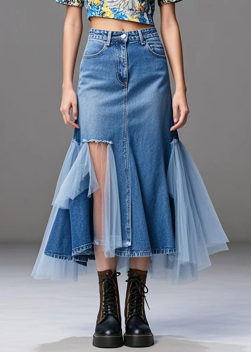 Stylish Blue Asymmetrical Patchwork Tulle Denim Ripped Skirts Fall