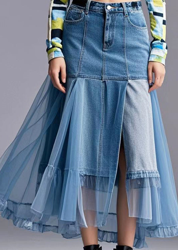 Stylish Blue Asymmetrical Patchwork Tulle Denim Skirt Spring