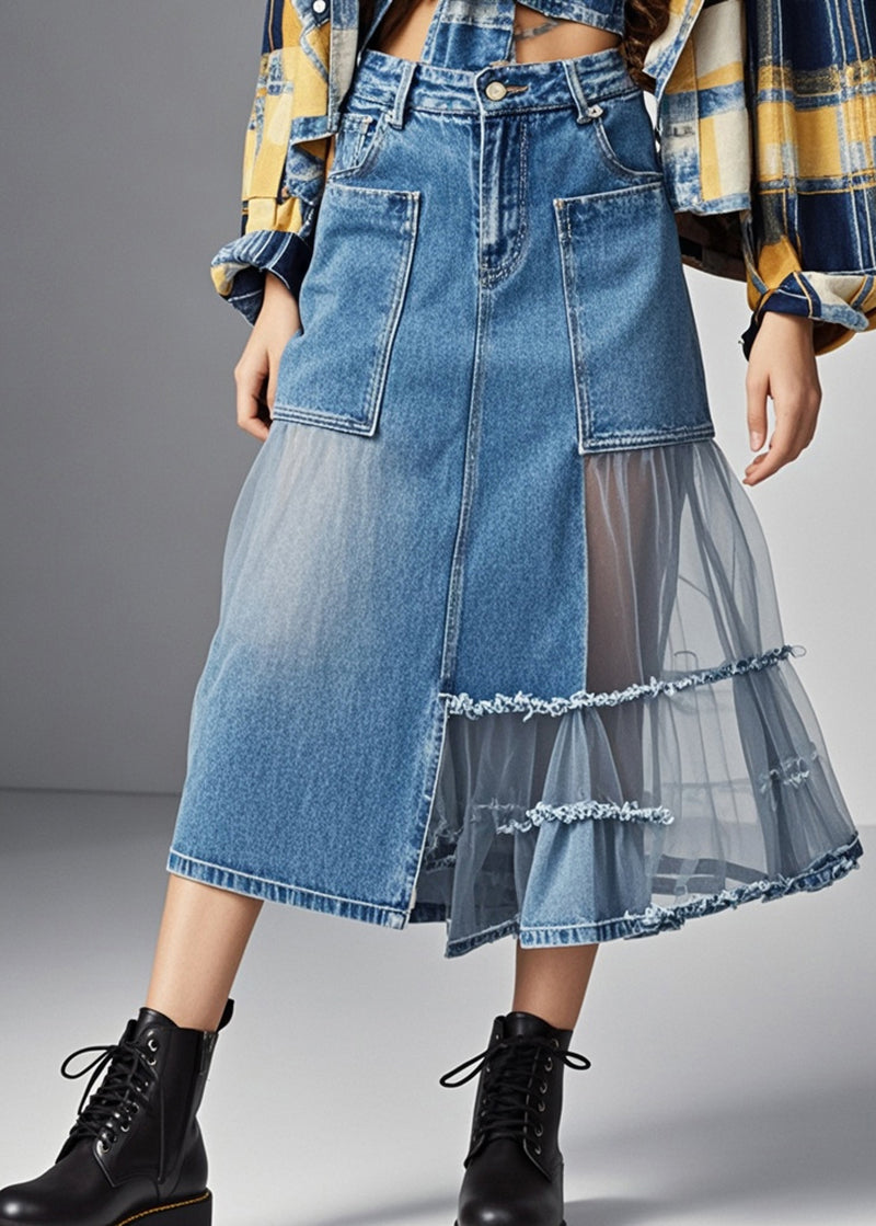 Stylish Blue Asymmetrical Tulle Patchwork Pockets Denim Skirts Spring