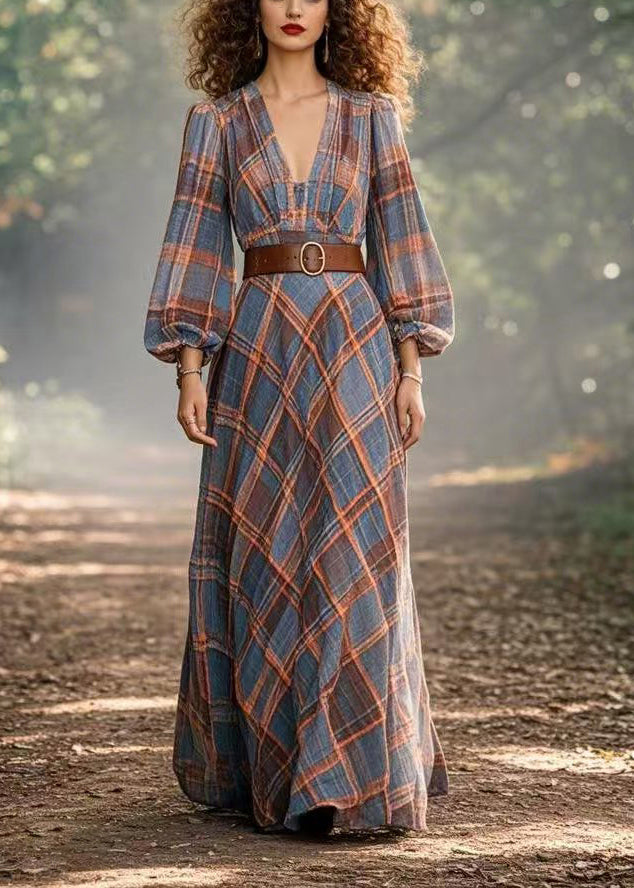 Stylish Blue Cinched Plaid Cotton Long Dress Spring