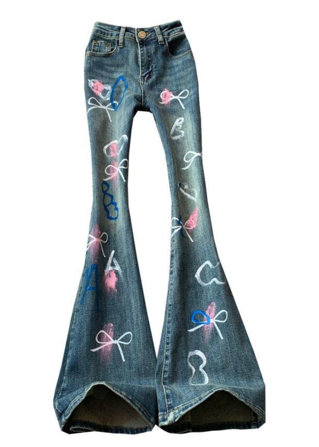 Stylish Blue High Waist Bow Print Denim Flared Trousers Spring