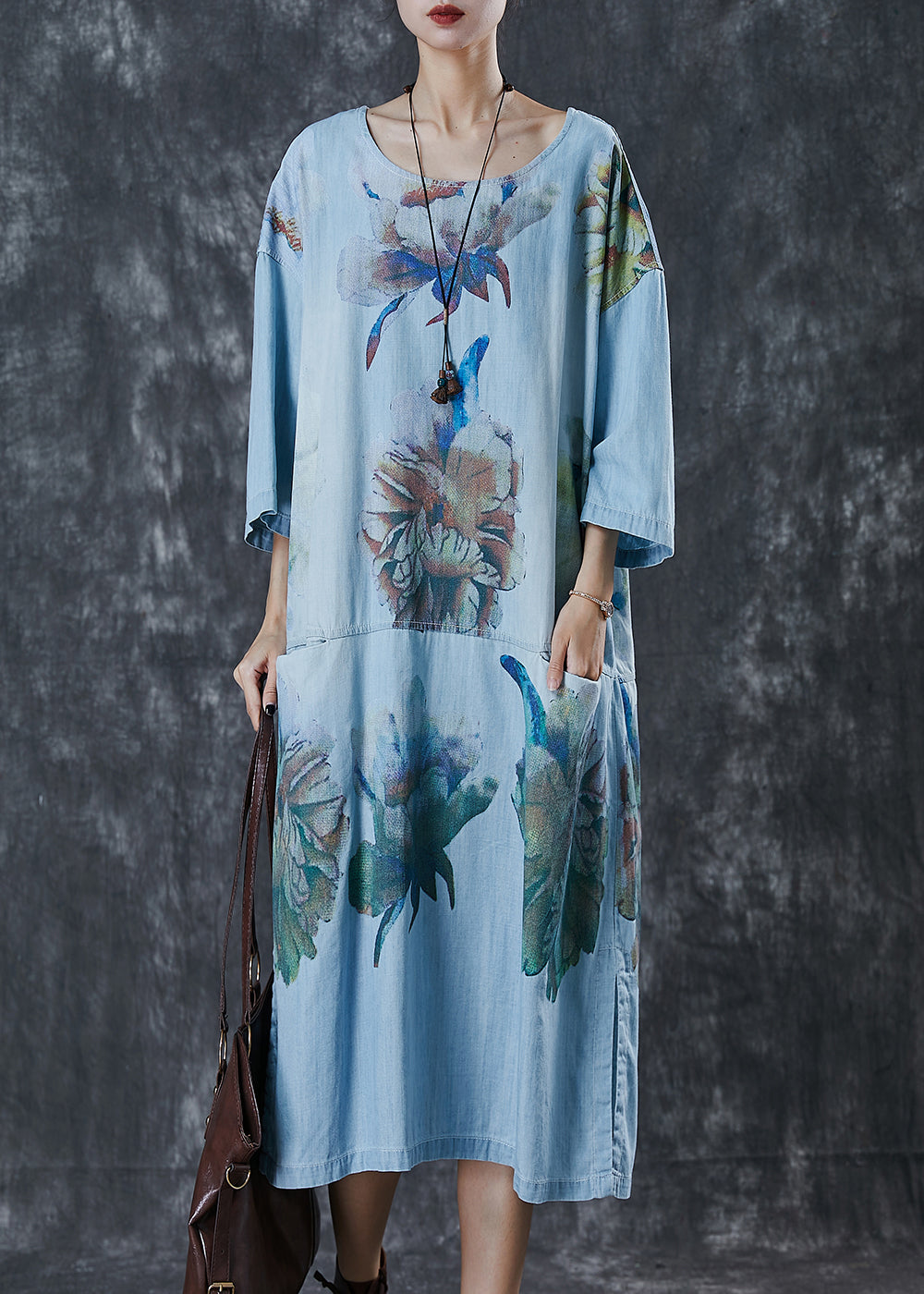 Stylish Blue Oversized Print Denim Robe Dresses Spring