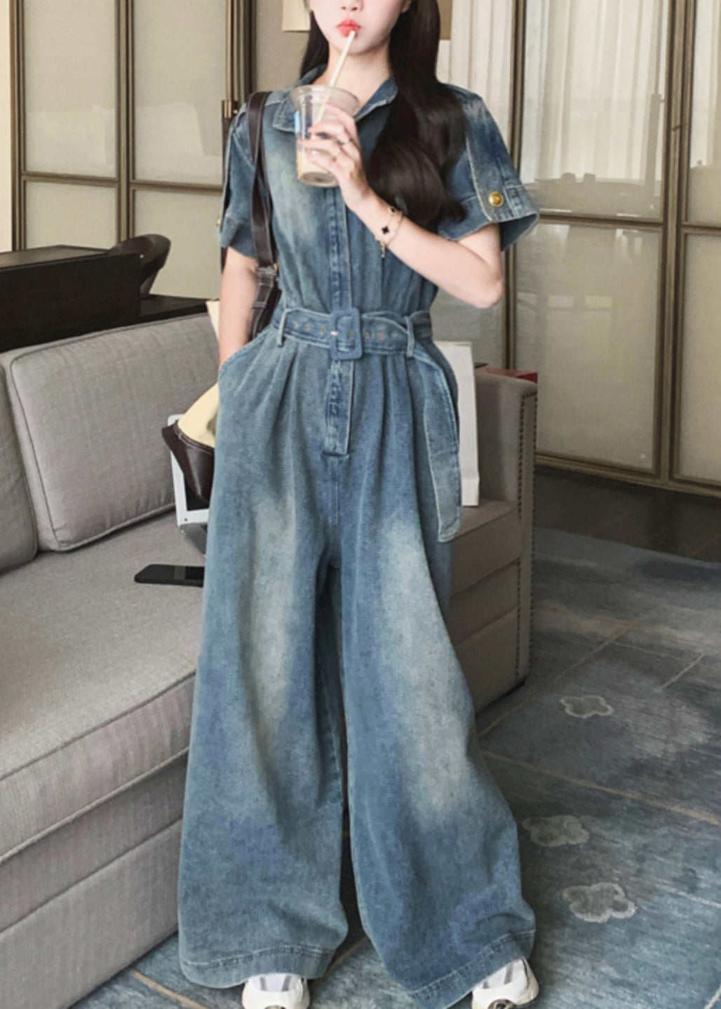 Stylish Blue Peter Pan Collar Tie Waist Denim Jumpsuits Summer