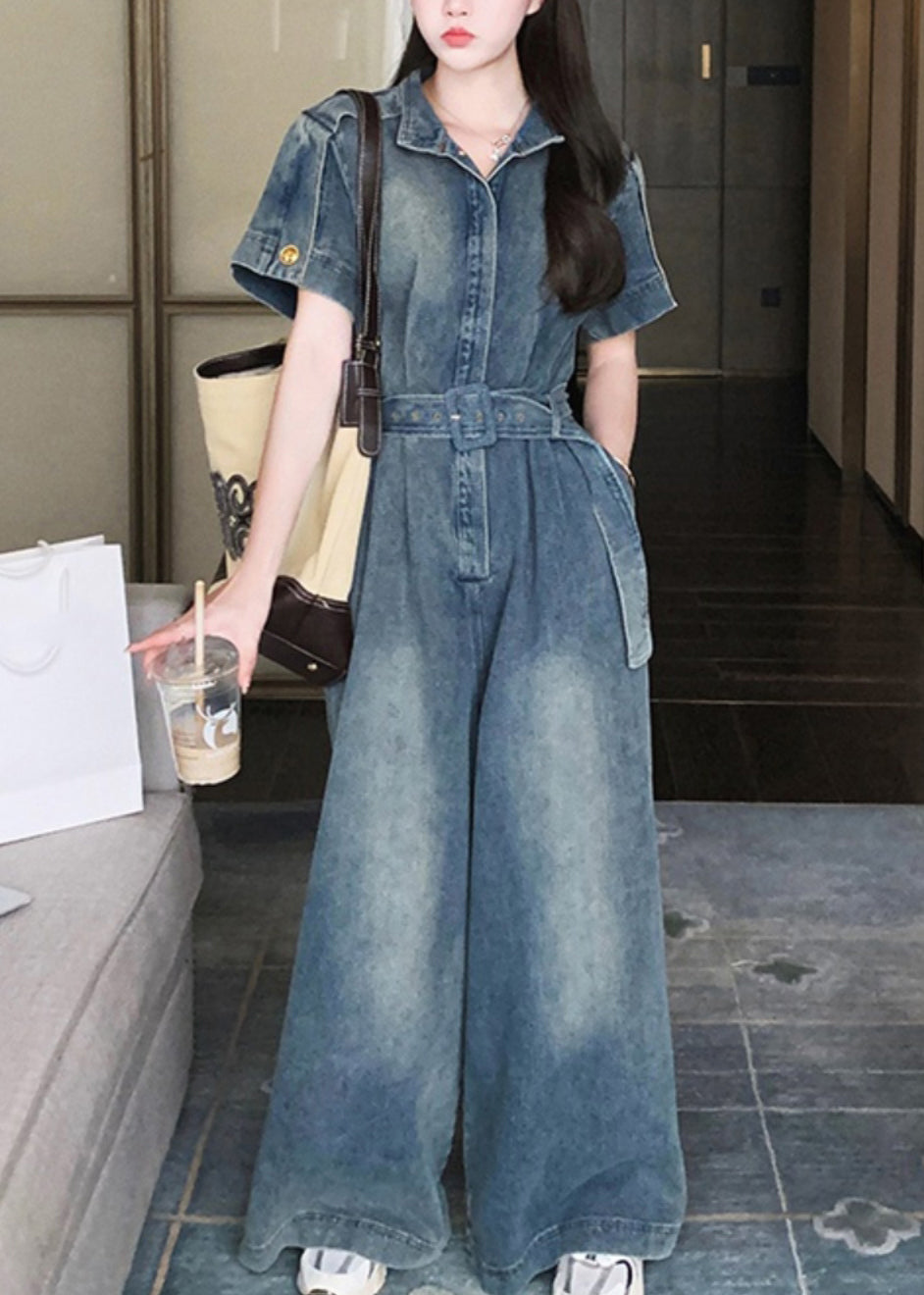 Stylish Blue Peter Pan Collar Tie Waist Denim Jumpsuits Summer