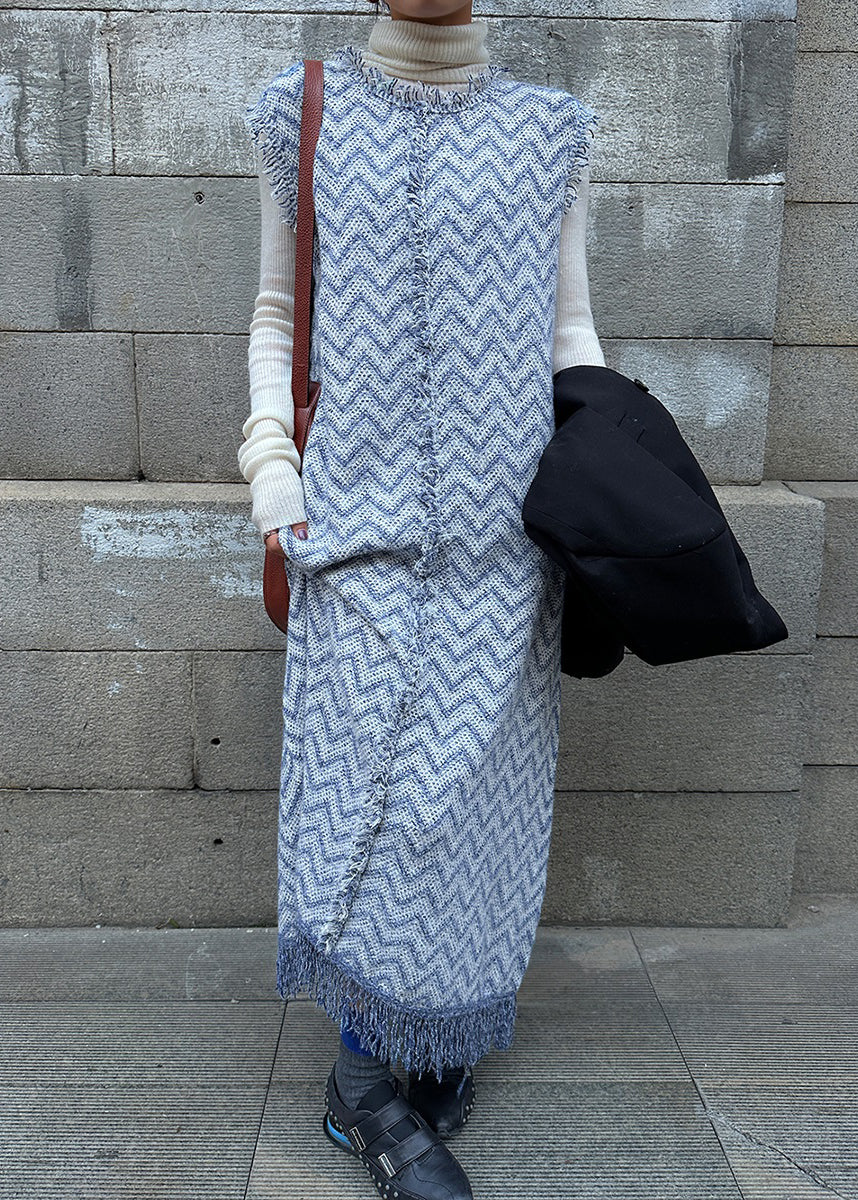 Stylish Blue Tasseled Knit Vest Dress Sleeveless