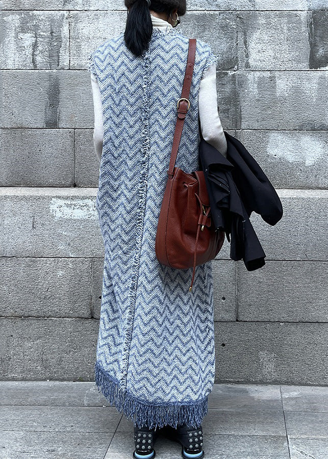 Stylish Blue Tasseled Knit Vest Dress Sleeveless