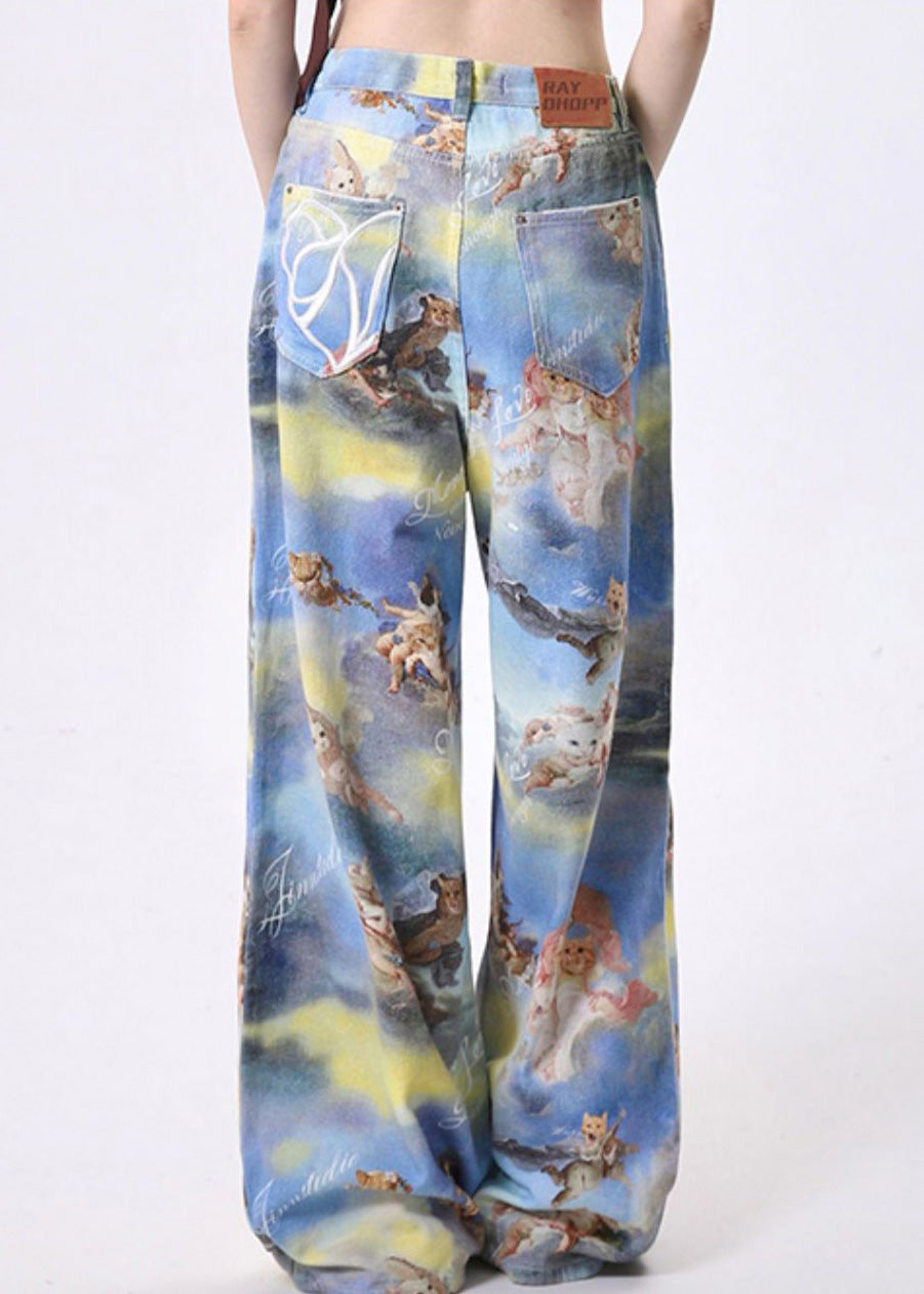 Stylish Blue Tie Dye Print Cotton Straight Pants Spring