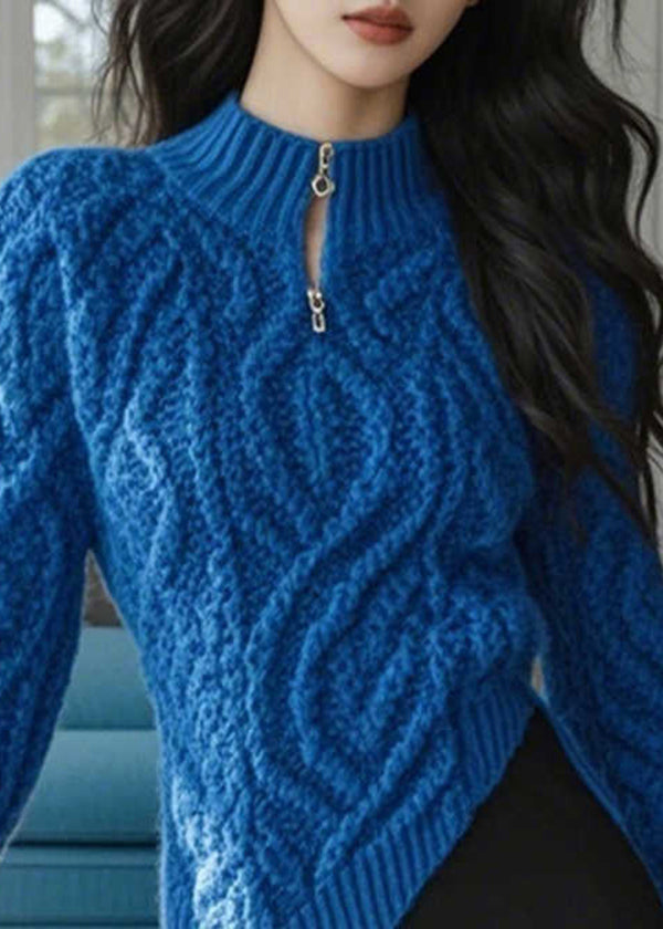 Stylish Blue Zip Up Asymmetrical Design Knit Sweaters Spring