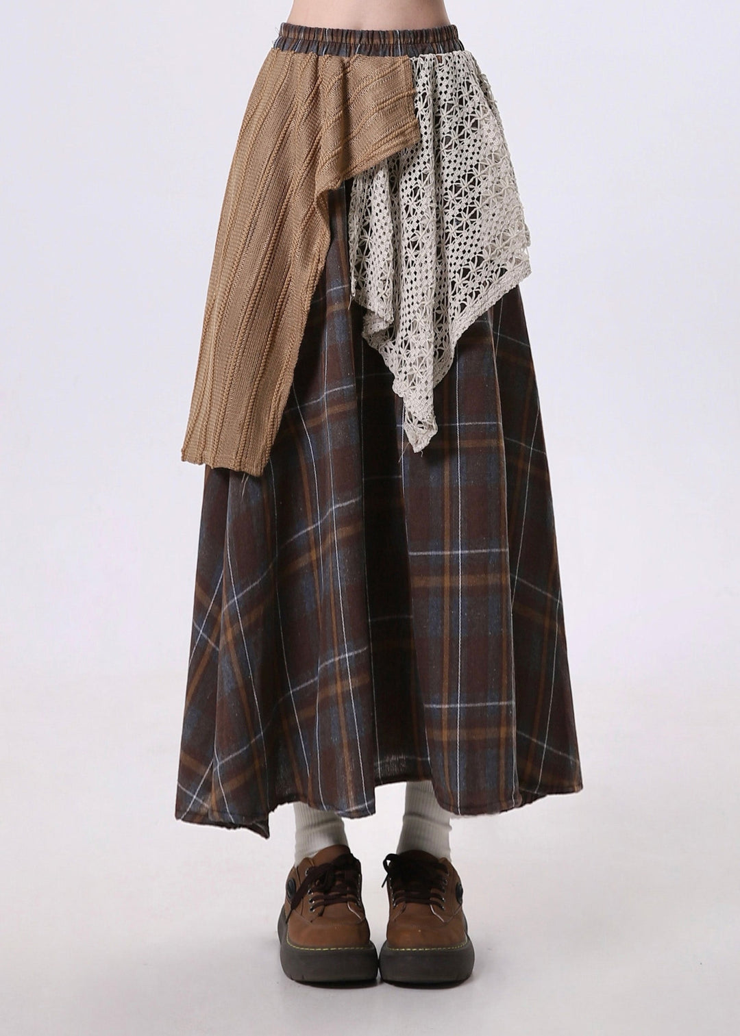 Stylish Brown Asymmetrical Patchwork Cotton Skirt Spring