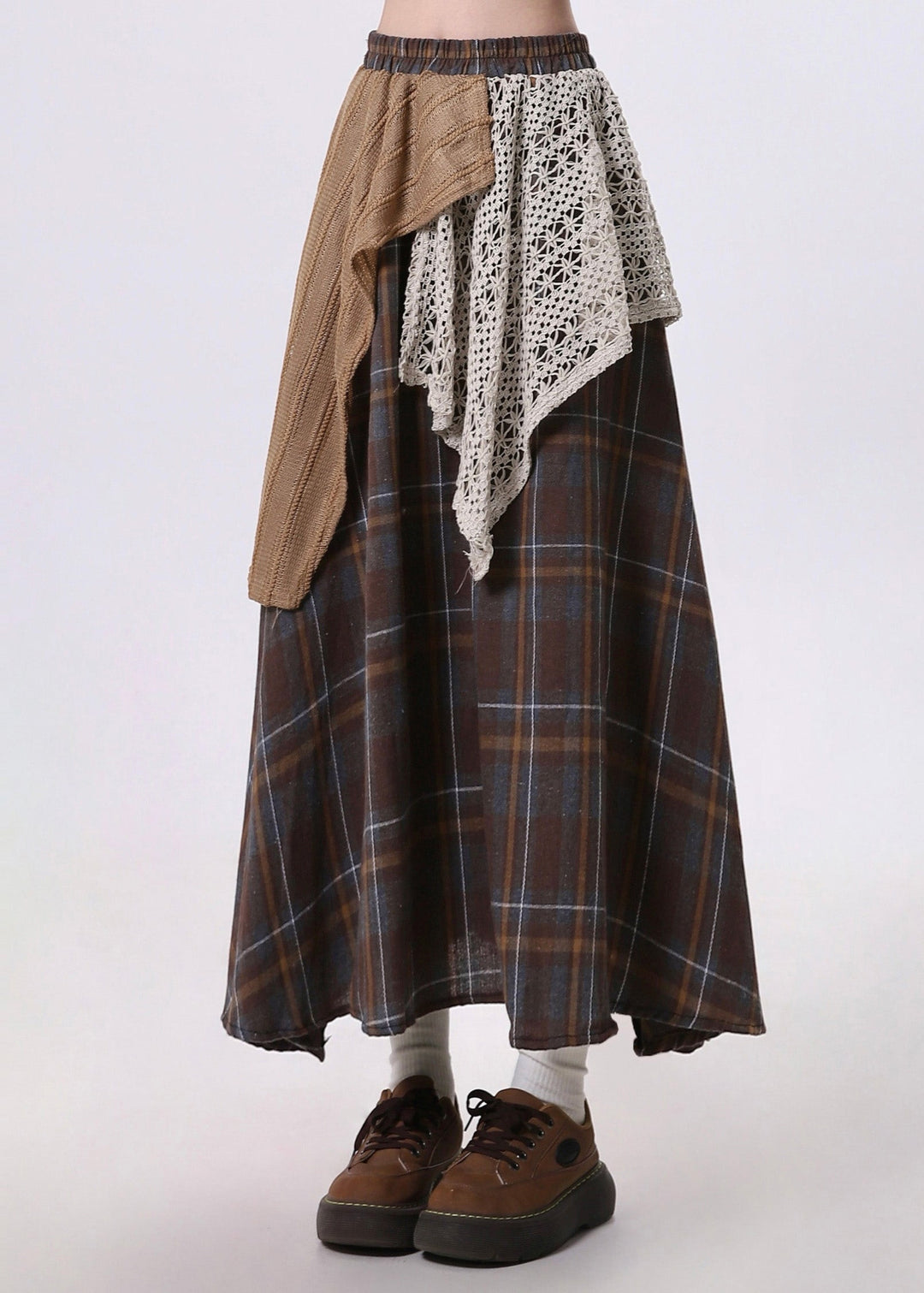 Stylish Brown Asymmetrical Patchwork Cotton Skirt Spring