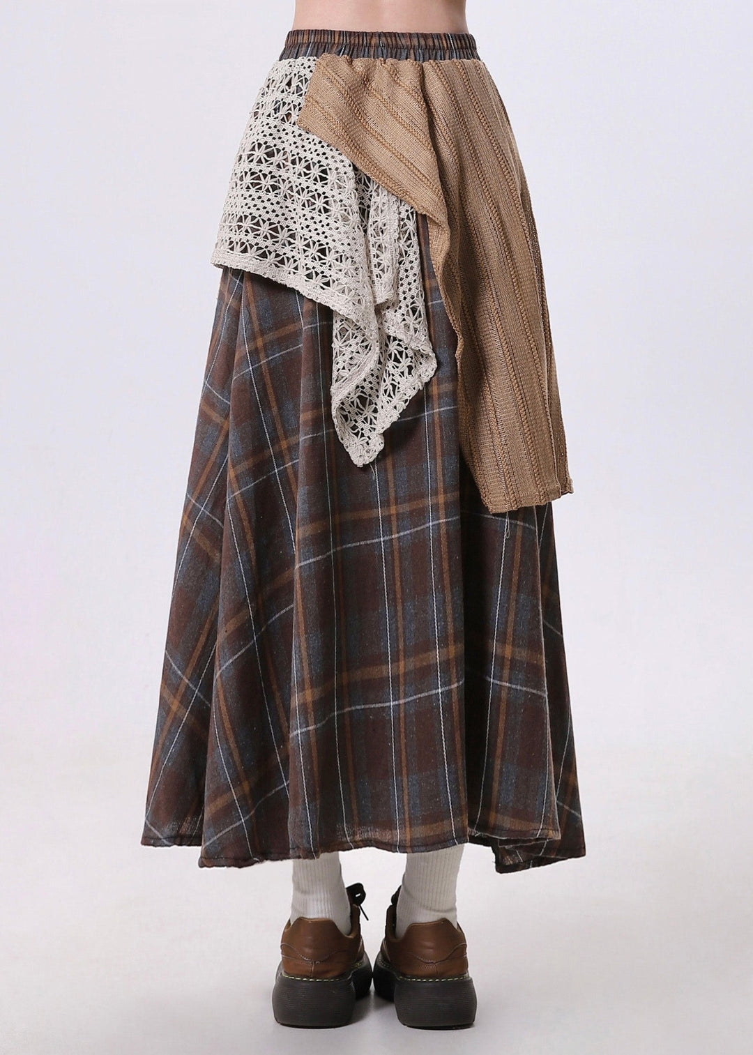 Stylish Brown Asymmetrical Patchwork Cotton Skirt Spring