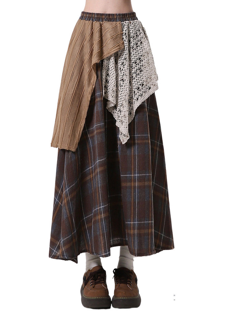 Stylish Brown Asymmetrical Patchwork Cotton Skirt Spring