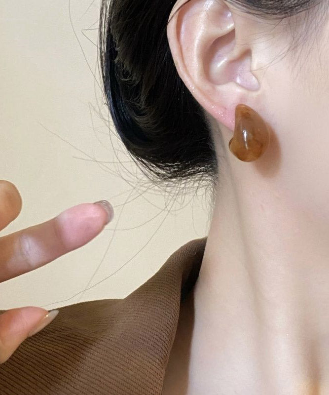 Stylish Brown Copper Overgild Gem Stone Hoop Earrings