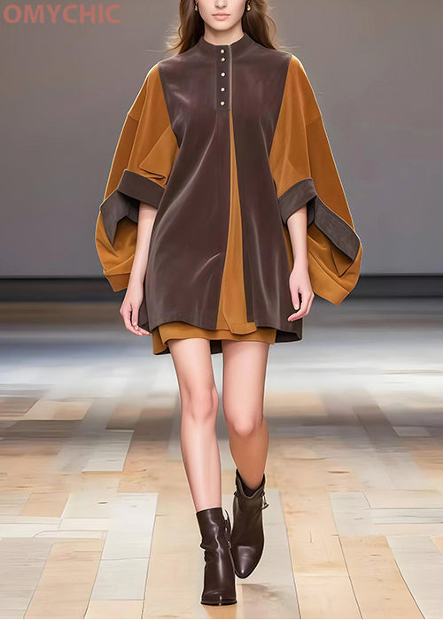 Stylish Chocolate Oversized Patchwork Corduroy Mini Dress Batwing Sleeve