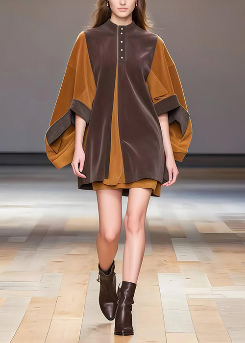 Stylish Chocolate Oversized Patchwork Corduroy Mini Dress Batwing Sleeve