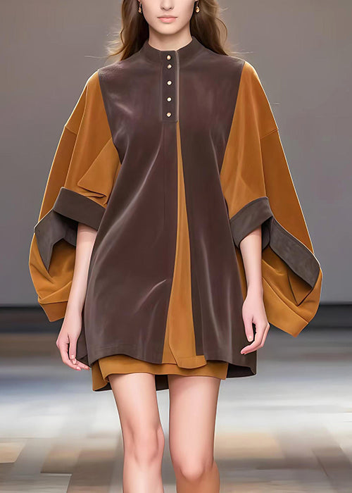 Stylish Chocolate Oversized Patchwork Corduroy Mini Dress Batwing Sleeve