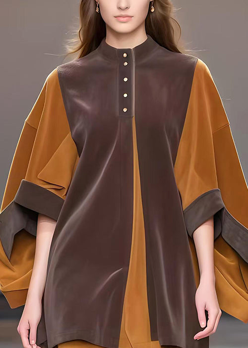 Stylish Chocolate Oversized Patchwork Corduroy Mini Dress Batwing Sleeve