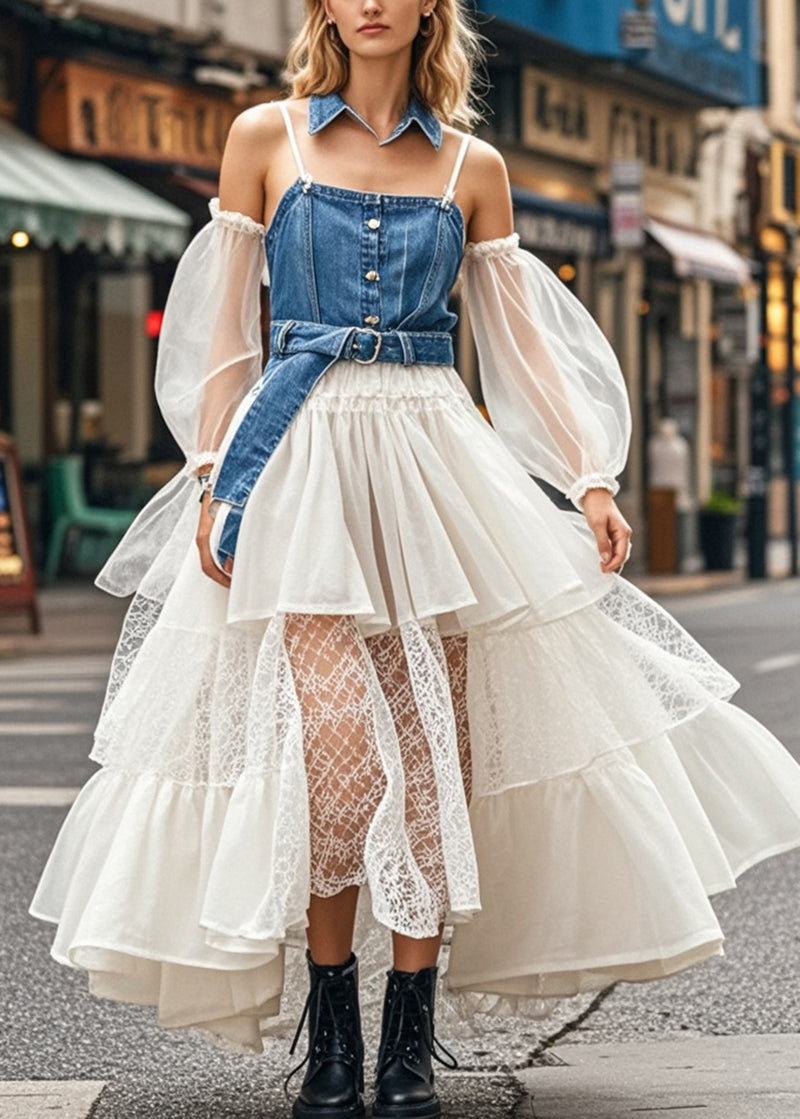 Stylish Cinched Patchwork Denim Organza Spaghetti Strap Dress Summer