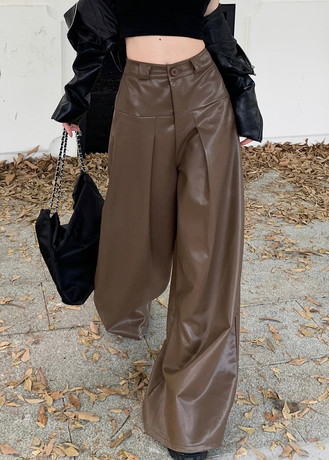 Stylish Coffee Button High Waist Faux Leather Pants Fall