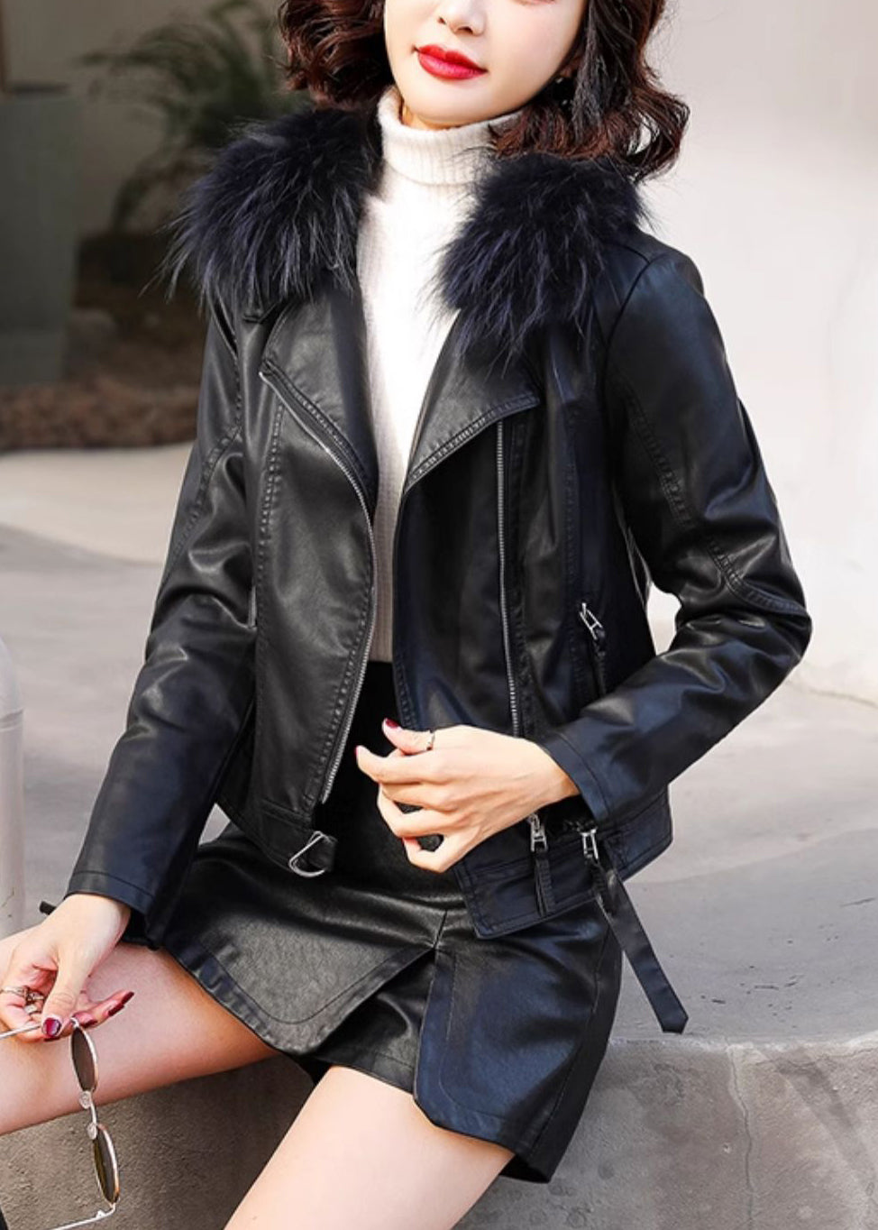 Stylish Coffee Fur Collar Zippered Faux Leather Jacket Winter